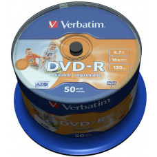 Диск DVD-R Verbatim 4.7 Gb, 16x, Cake Box (50), Printable (50/200). (43533)